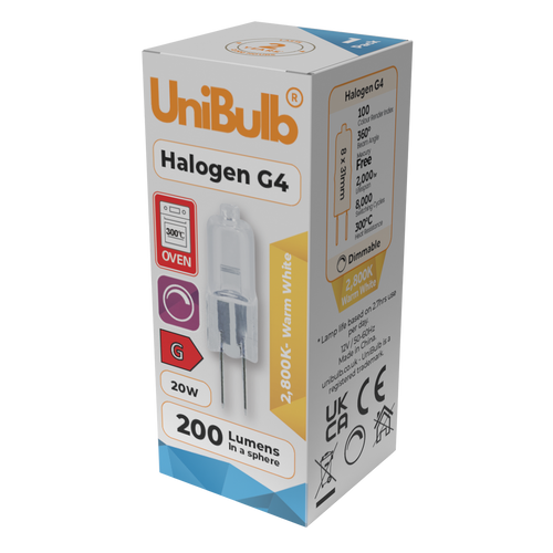 UniBulb Halogen G4 Capsule 200lm 20W 2800K (Warm White) - Pack of 4 single side