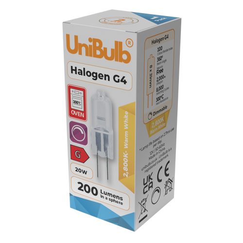 UniBulb Halogen G4 Capsule 200lm 20W 2800K (Warm White) - Pack of 10 single side