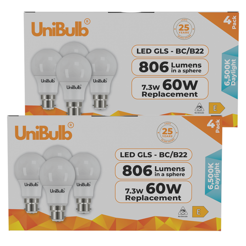 UniBulb LED GLS B22 806lm 7.3W 6500K (Daylight) Light Bulb - Pack of 4 front