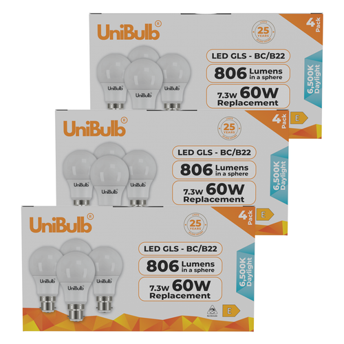 UniBulb LED GLS B22 806lm 7.3W 6500K (Daylight) Light Bulb - Pack of 4 front