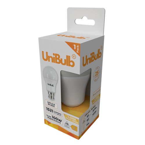 UniBulb LED GLS B22 1521lm (Replaces 100W) 12.6W 2700K (Warm White) Light Bulb - Pack of 8 side