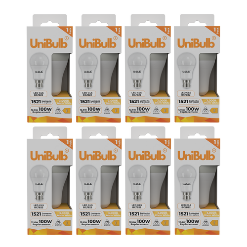 UniBulb LED GLS B22 1521lm (Replaces 100W) 12.6W 2700K (Warm White) Light Bulb - Pack of 8 front