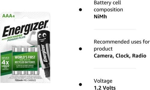 Energizer AAA 600mAh Rechargeable Batteries - Pack of 4 Uses