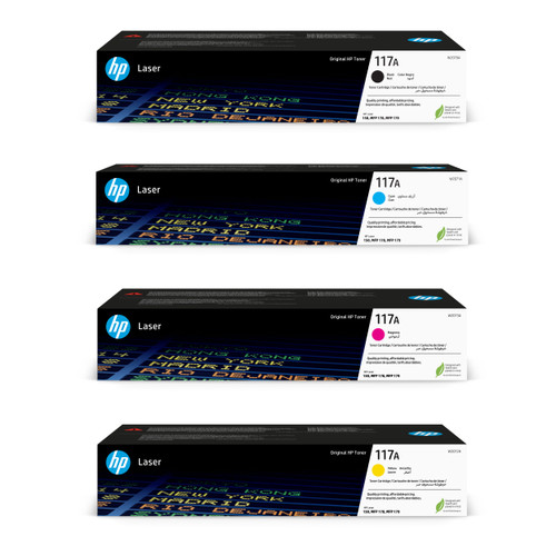 HP 117A Black cyan magenta yellow genuine original laser toner cartridge. HP 117A genuine W2070A W2071A W2072A W2073A toner cartridges for HP Colour Laser 150 150nw 150a Printer HP Colour Laser MFP 178nw 178nwg 179fng 179fnw 179fwg Printer