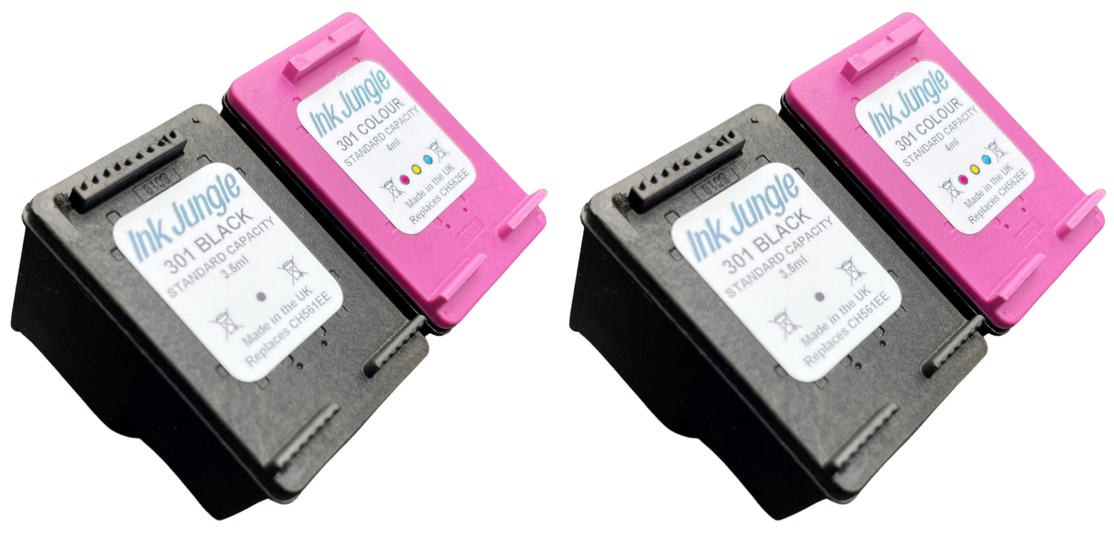 2x HP 301 black and colour refilled ink cartridges CH561EE CH562EE N9J72AE