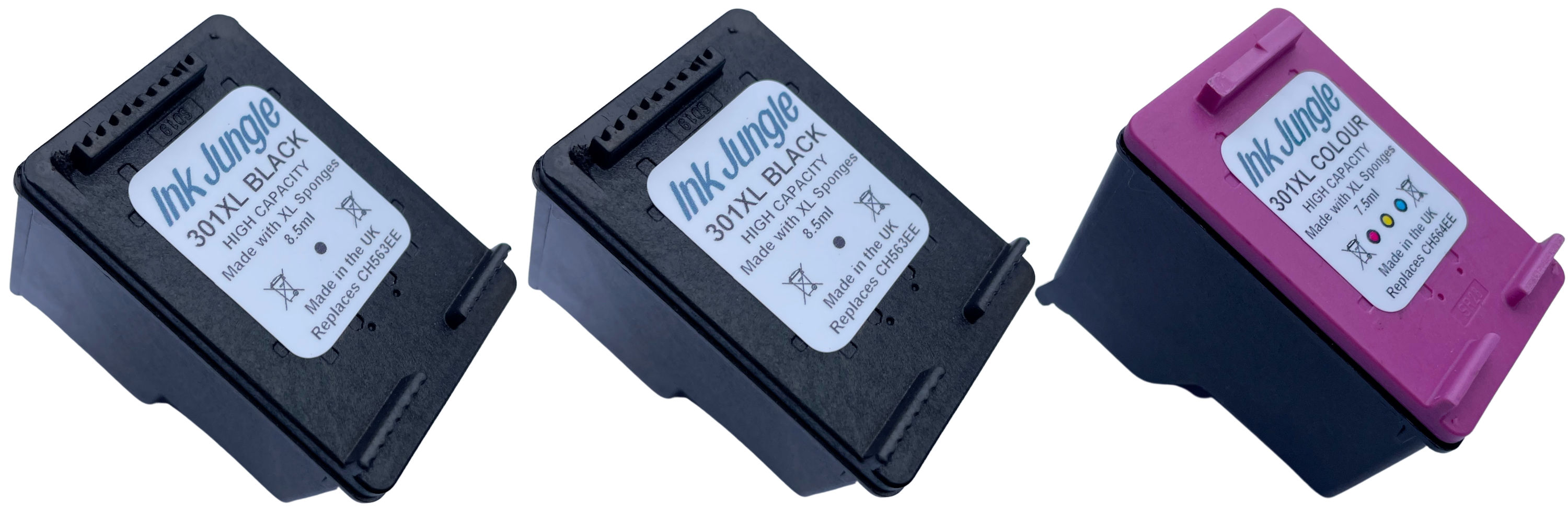 2x HP 301XL Black and 1x Colour Ink Cartridge CH563EE CH564EE