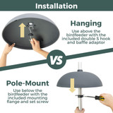 Two-Way Squirrel Baffle: Installation - Hanging (use above the birdfeeder with the included double S hook and baffle adaptor) vs. Pole-Mount (use below the birdfeeder with the included mounting flange and screw set).