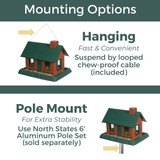 Large Log Cabin Birdfeeder: Mounting options - Hanging, fast and convenient, suspend by looped chew-proof cable (included) or Pole Mount for extra stability, use North States 6' Aluminum Pole Set (sold separately).