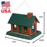 Large Log Cabin Birdfeeder: Made in USA, Dimensions: 14.5" long, 10.25" wide, 10.5" tall. 