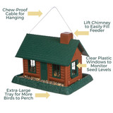 Large Log Cabin Birdfeeder: Chew-proof cable for hanging, lift chimney to easily fill feeder, clear plastic windows to monitor seed levels, extra-large tray for more birds to perch.
