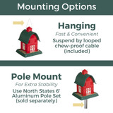 Red Barn Birdfeeder: Mounting options - Hanging, fast and convenient, suspend by looped chew-proof cable (included) or Pole Mount for extra stability, use North States 6' Aluminum Pole Set (sold separately).