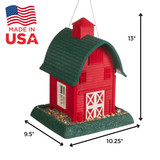 Red Barn Birdfeeder: Made in USA, Dimensions: 9.5" long, 10.25" wide, 13" tall. 