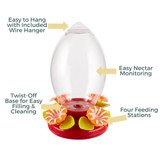 Festive Flower 32 oz. Hummingbird Feeder: Easy to hang with included wire hanger, easy nectar monitoring, twist off base for easy filling & cleaning, four feeding stations.