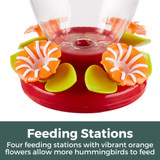 Festive Flower 32 oz. Hummingbird Feeder: Feeding stations - four feeding stations with vibrant orange flowers allow more hummingbirds to feed.