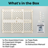 Supergate Ergo Ivory:  What's in the box - 1x pre-assembled gate, 2x casement hinges, 2x gate hinges, 4x wall cups, 4x tape pads, 8x screws, 1x instruction manual.