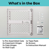 Supergate Classic Light Gray: What's in the box - 1x pre-assembled gate, 2x casement hinges, 2x gate hinges, 4x wall cups, 4x tape pads, 8x screws, 1x instruction manual.