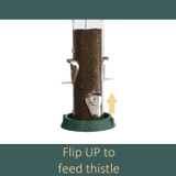 2-In-1 Hinged-Port Birdfeeder 4 Perch Green: Flip up to feed thistle.