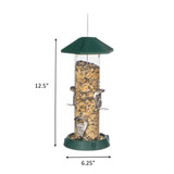 2-In-1 Hinged-Port Birdfeeder 4 Perch Green: dimensions 12.5" tall, 6.25" wide.