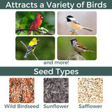 Large Red/White Lighthouse Birdfeeder: Attracts a variety of birds (images of bird varieties). Seed types: wild birdseed, sunflower, safflower.
