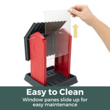 Red Shed Birdfeeder: Easy to clean - window panes slide up for easy maintenance