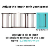 Deluxe Décor Gate: Adjust the length to fit your space! Use up to six 15-inch extensions to expand the gate up to 162 inches wide *extension sold separately.