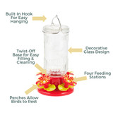 Stargazer Glass 26 oz. Hummingbird Feeder: Built-in hook for easy hanging, Twist off base for easy filling & cleaning, decorative glass design, four feeding stations