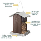 Outhouse Birdfeeder: squirrel-proof cable for hanging, lift roof to easily fill feeder, clear plastic windows to monitor seed levels, extra-large tray for more birds to perch