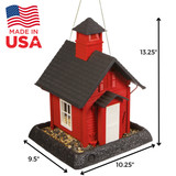 School House Birdfeeder: Made in USA, Dimensions: 9.5" long, 10.25" wide, 13.25" tall. 