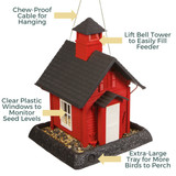 School House Birdfeeder: Chew-proof cable for hanging, lift bell tower to easily fill feeder, clear plastic windows to monitor seed levels, extra-large tray for more birds to perch.