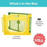 Superyard Colorplay Two-Panel Door Extension: What's in the box, 2-panel door extension, 4 skid-resistant pads. Made in USA.
