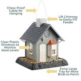 Bayside Cottage Birdfeeder: Chew-proof cable for hanging, lift chimney to easily fill feeder, clear plastic windows to monitor seed levels, extra-large tray for more birds to perch.