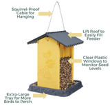 Yellow Pinecone Birdfeeder: squirrel-proof cable for hanging, lift roof to easily fill feeder, clear plastic windows to monitor seed levels, extra-large tray for more birds to perch