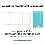 Deluxe Decor Gate Ivory: Adjust the length to fit your space! Use up to six 15-inch extensions to expand the gate up to 162 inches wide *extension sold separately.