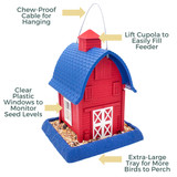 Americana Barn Birdfeeder: Chew-proof cable for hanging, lift chimney to easily fill feeder, clear plastic windows to monitor seed levels, extra-large tray for more birds to perch.