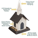 Church Birdfeeder: Chew-proof cable for hanging, lift steeple to easily fill feeder, clear plastic windows to monitor seed levels, extra-large tray for more birds to perch.