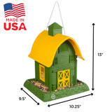 Green Barn Birdfeeder: Made in USA, Dimensions: 9.5" long, 10.25" wide, 13" tall. 