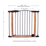 Deco WoodCraft Steel Gate with Auto Close dimensions: 27.75" - 37.5" width includes two extensions, 22" door panel, 31" tall, The widest space between the vertical bards is 2.3" apart.