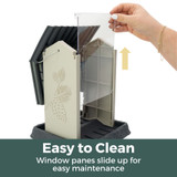Greige Pinecone Birdfeeder: Easy to clean - window panes slide up for easy maintenance