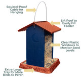 Navy Hopper Birdfeeder: squirrel-proof cable for hanging, lift roof to easily fill feeder, clear plastic windows to monitor seed levels, extra-large tray for more birds to perch