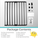 Easy Swing & Lock Gate Series 2 - package contents: 15x mounting screws, 2x hinges, 1x upper latch, 1x lower latch, 1x allen wrench, 1x gate frame, 1x template, 1x swing control pick.