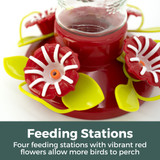 In Bloom Glass 32 Oz. Hummingbird Feeder: Feeding Stations - four feeding stations with vibrant red flowers allow more birds to perch.