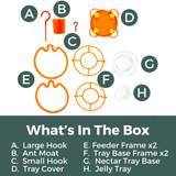 Vertical Oriole Feeding Station: What's in the box - A. Large hook, B. Ant moat, C. Small hook, D. Tray cover, E. Feeder frame x2, F. Tray base frame x2, G. Nectar tray base, H. Jelly tray.