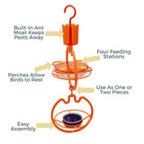 Vertical Oriole Feeding Station: Built-in ant moat keeps pests away, perches allow birds to rest, four feeding stations, use as one or two pieces, easy assembly.