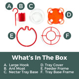 Vertical Hummingbird Tray Feeder : What's in the box - A. Large hook, B. Ant moat, C. Nectar tray base, D. Tray cover, E. Feeder frame, F. Tray base frame.