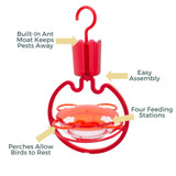 Vertical Hummingbird Tray Feeder: Built-in ant moat keeps pests away, perches allow birds to rest, four feeding stations, easy assembly.