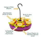 Purple Orchid Hanging Tray Hummingbird Feeder: Hang or pole mount, built-in ant moat, perches for birds to rest, 12 feeding ports for hummers, clear plastic to monitor nectar level. 
