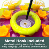 Purple Orchid Hanging Tray Hummingbird Feeder: Metal hook included - metal rod quickly twists into feeder for easy hanging. Can also be pole mounted!
