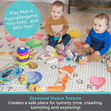 Play mat is hypoallergenic, non-toxic, and BPA free!  Diamond Weave Texture creates a safe place for tummy time, crawling, tumbling, and exploring!