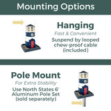 Large Nautical Navy Lighthouse Birdfeeder: Mounting options - Hanging, fast and convenient, suspend by looped chew-proof cable (included) or Pole Mount for extra stability, use North States 6' Aluminum Pole Set (sold separately).