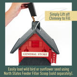 Red General Store Birdfeeder  Lift off roof to fill. Simply lift off chimney to fill. Easily load wild bird or sunflower seed using North States Feeder Filler Scoop (sold separately).